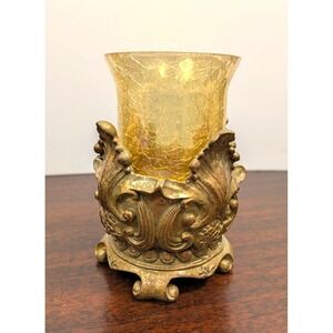 Vintage Ornate Gold Tone Candle Holder Amber Crackle Glass Gothic Baroque 5"